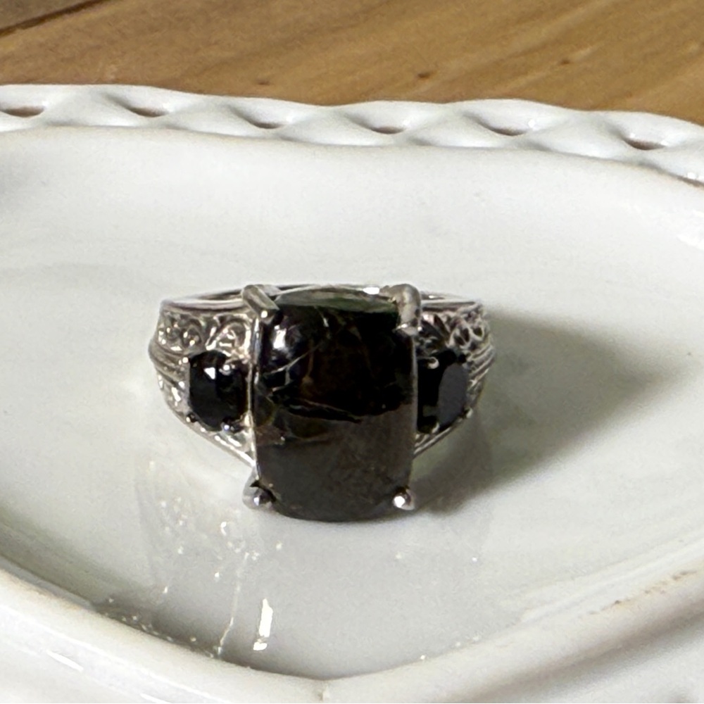 Silver shungite matrix and black spinel 950 copper ring size 7
